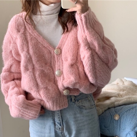 Cardigan sweater cable knit pink cream white womens button long sle… - Picture 5 of 16